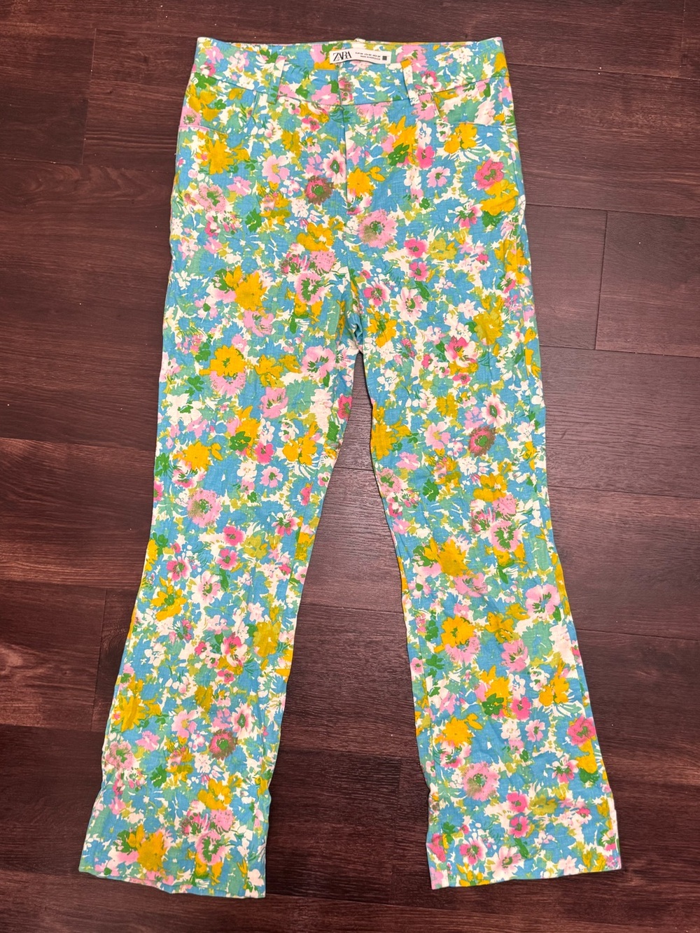 Zara Women’s Floral Linen Blend Mini Flare Cropped Trouser Pants